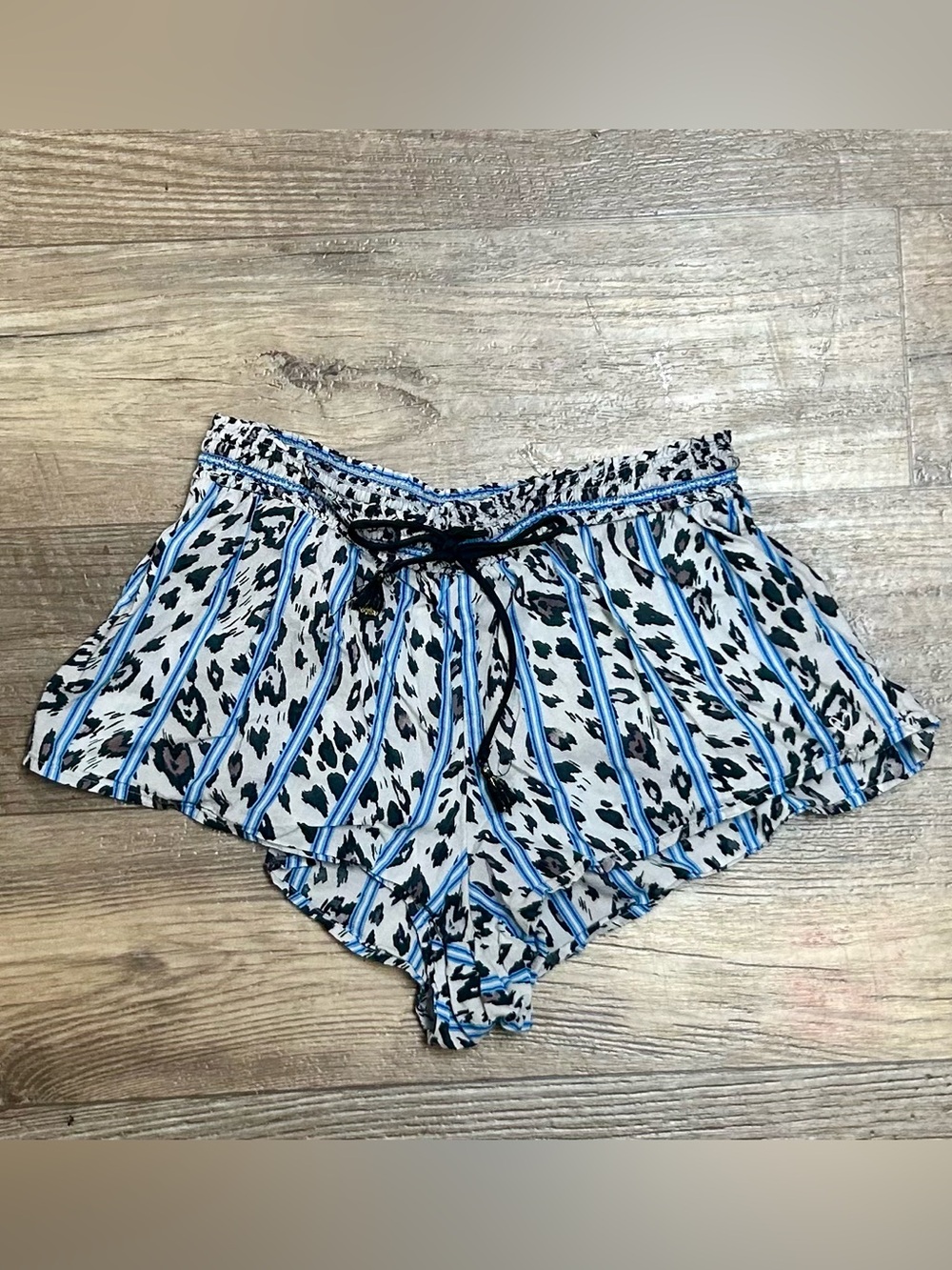Victoria's Secret Blue Leopard Stripe Pajama Sleep Shorts Smocked Tassel
